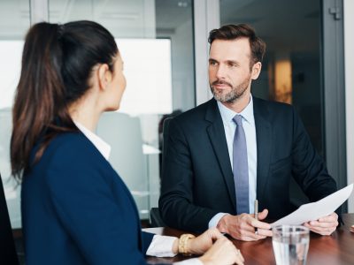 Two business people during job interview, assessment Two business people during job interview, assessment