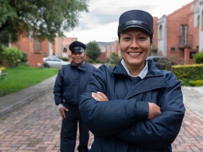 Team of security guards looking happy working at a gated community Team of Latin American security guards looking happy working at a gated community and looking at the camera smiling - safety concepts